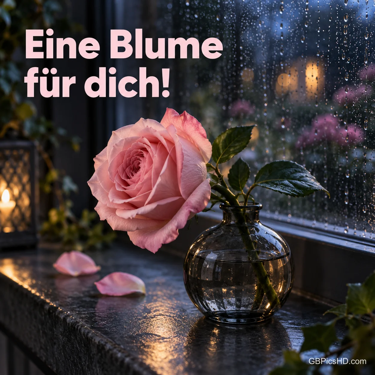 Rosafarbene Rose in einer dunklen Glasvase auf einer Fensterbank bei Regen und Kerzenlicht am Abend, oben in Rosa "Eine Blume für dich!"