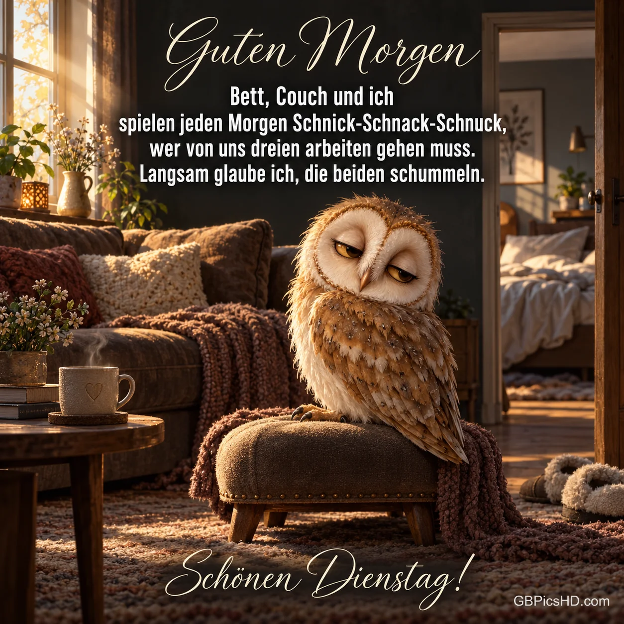Eine schläfrige Eule sitzt auf einem gepolsterten Hocker neben Sofa und dampfender Tasse; unten steht "Schönen Dienstag!".