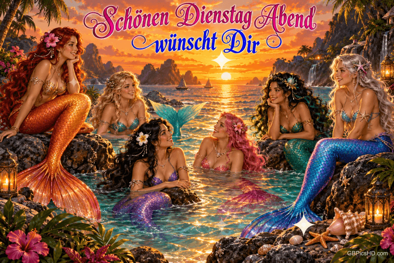 Sechs Meerjungfrauen sitzen auf Felsen und im Wasser einer tropischen Bucht bei Sonnenuntergang: "Schönen Dienstagabend".