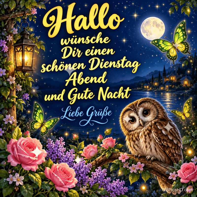 Eine Eule sitzt zwischen Rosen und Schmetterlingen vor einem See im Mondschein; daneben steht "Liebe Grüße".