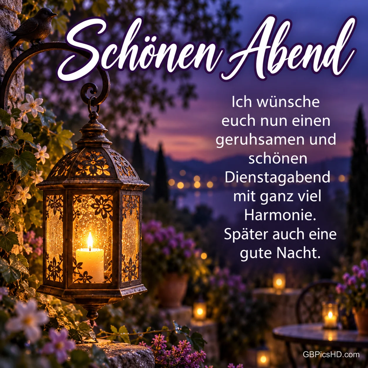 Eine verzierte Laterne mit Kerze hängt in einem blühenden Garten in der Dämmerung, daneben der Wunsch für einen geruhsamen und schönen Dienstagabend.