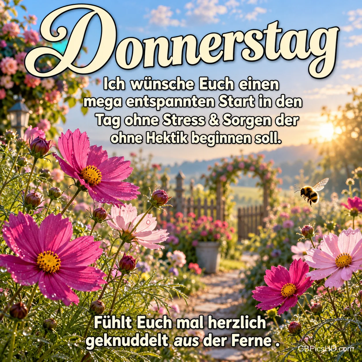 Rosa Blumen und eine fliegende Biene säumen einen Gartenweg im Sonnenlicht mit "Donnerstag".
