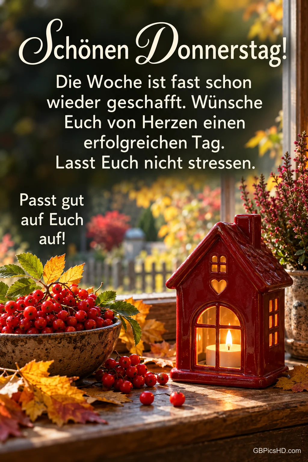 Rote Beeren und ein leuchtendes Keramikhaus stehen am herbstlichen Fenster mit dem Gruß "Schönen Donnerstag!".