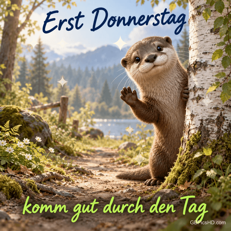 Ein Otter winkt hinter einer Birke an einem See mit Bergen im Hintergrund: "Erst Donnerstag".