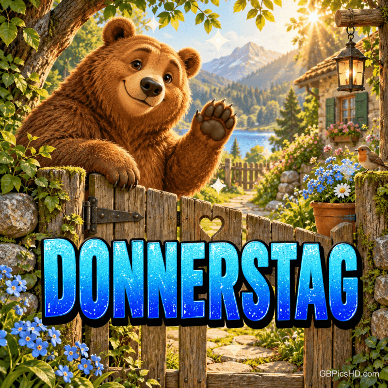 Ein Braunbär winkt hinter einem Holztor; dahinter liegen Blumen, ein See und Berge: "Donnerstag".