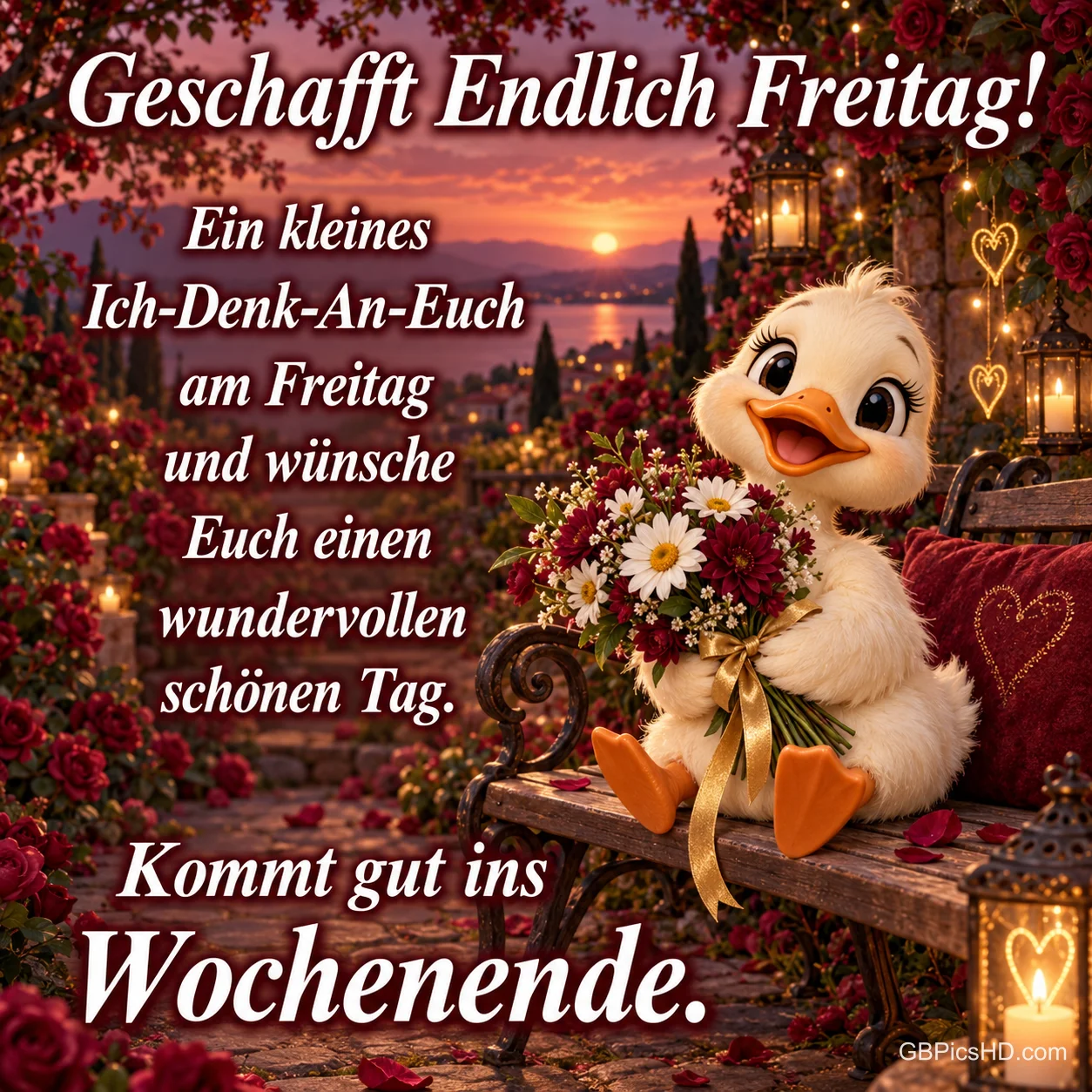 Ein Entenküken sitzt mit einem Blumenstrauß auf einer Bank zwischen Rosen und Laternen, dazu "Geschafft Endlich Freitag!".