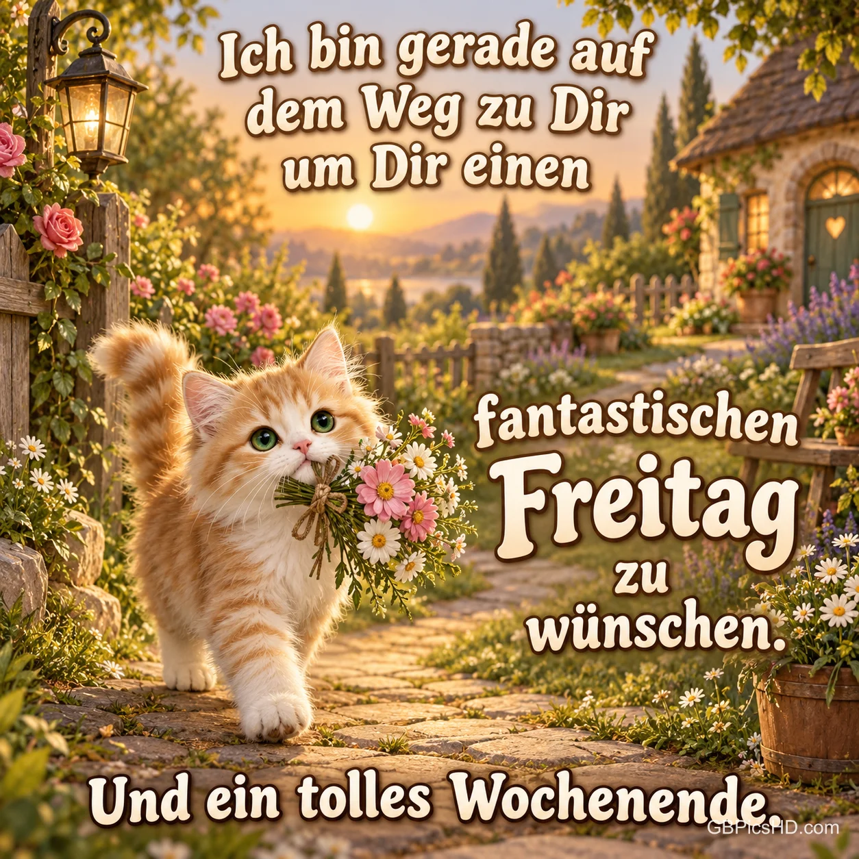 Ein Kätzchen trägt einen Blumenstrauß im Maul über einen Gartenweg, dazu "Und ein tolles Wochenende.".