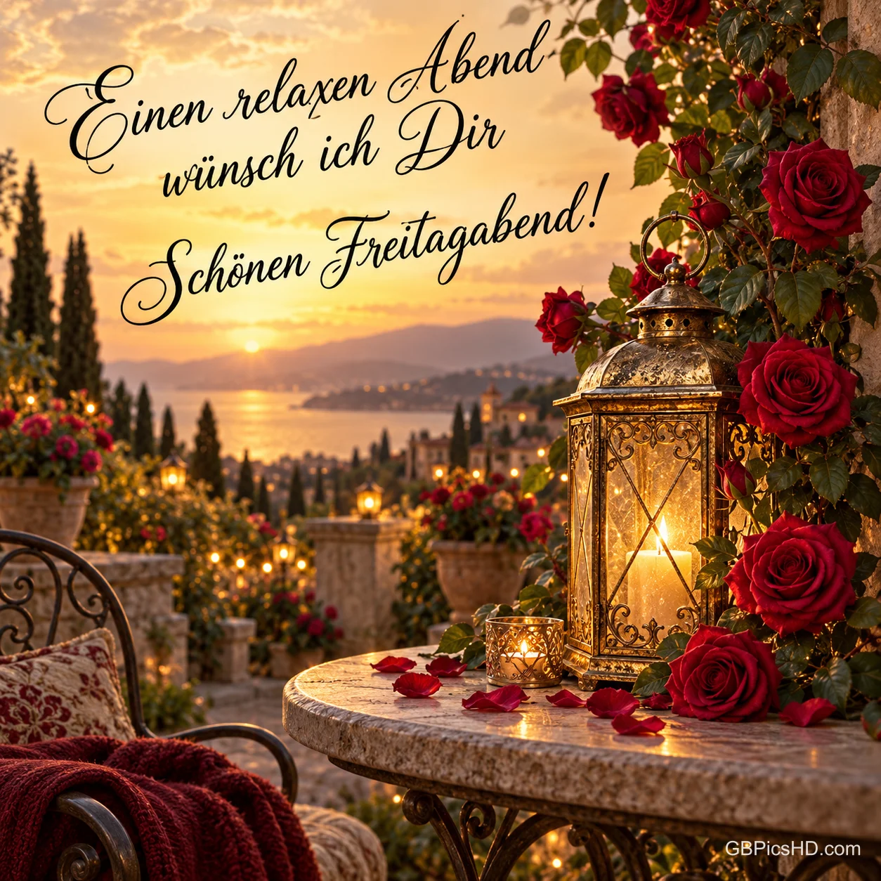 Terrasse mit roten Rosen, Laterne, Kerzen und Rosenblättern auf einem Steintisch, Blick auf einen See im goldenen Sonnenuntergang, dazu ein entspannter Freitagsgruß