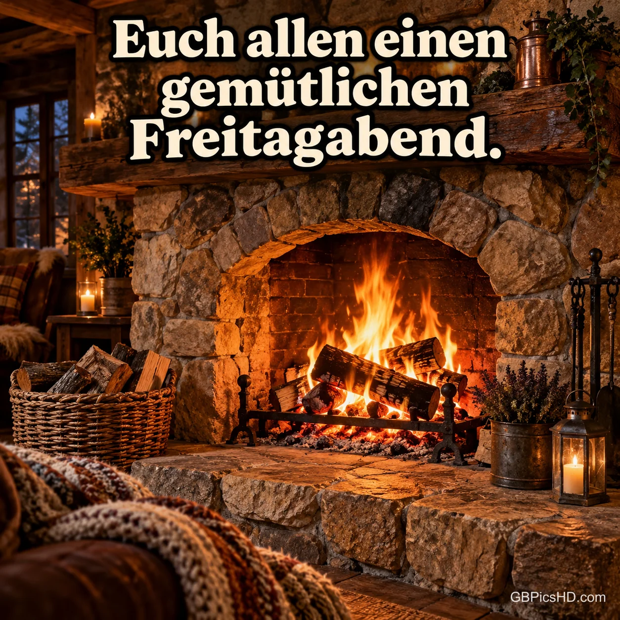 Knisterndes Feuer in einem großen Steinkamin einer rustikalen Stube, daneben Holzkorb, Laterne und Strickdecke, darüber ein gemütlicher Gruß zum Freitagabend