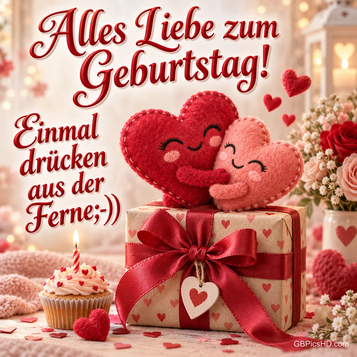 Zwei kuschelnde Stoffherzen sitzen auf einem Geschenk neben einem Cupcake mit Kerze und dem Gruß "Alles Liebe zum Geburtstag!".
