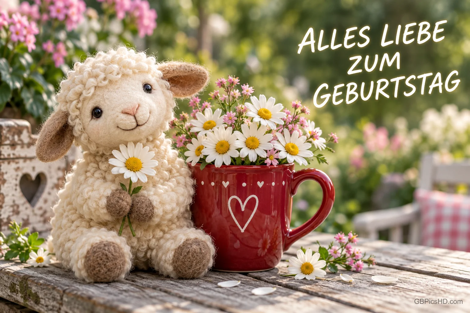 Ein Stofflamm hält eine Blume neben einer roten Tasse voller Margeriten mit "ALLES LIEBE ZUM GEBURTSTAG".