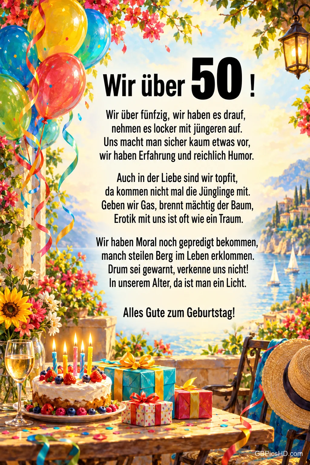 Unter "Wir über 50!" steht ein Geburtstagsgedicht über einem Tisch mit Torte und Geschenken vor einem See mit Bergen.