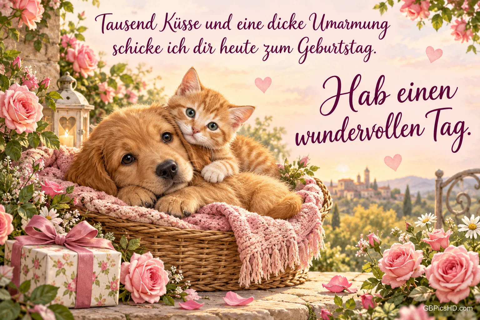 Ein Welpe und ein Kätzchen kuscheln im Korb zwischen Rosen und einem Geschenk mit dem Gruß "Hab einen wundervollen Tag."