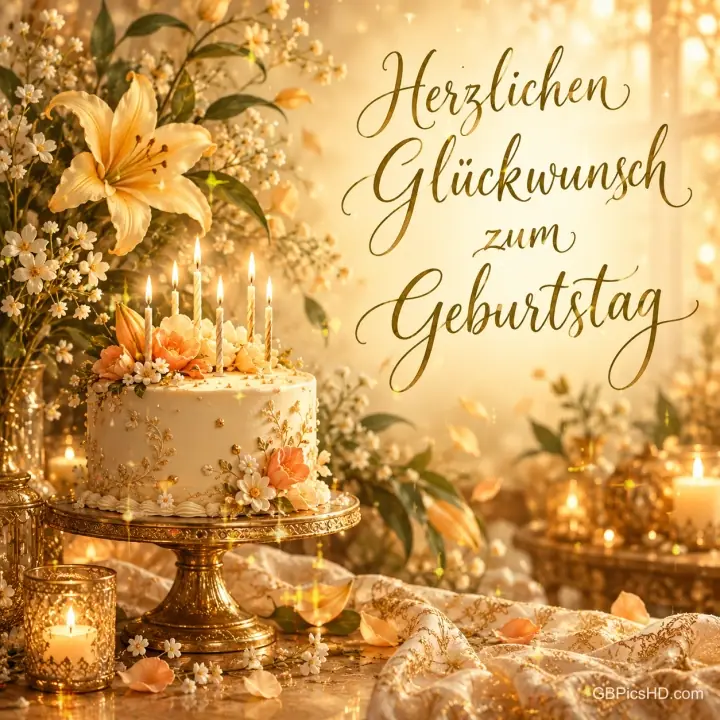 Eine blumengeschmückte Torte mit Kerzen steht neben gelben Lilien im goldenen Licht; dazu "Herzlichen Glückwunsch zum Geburtstag".