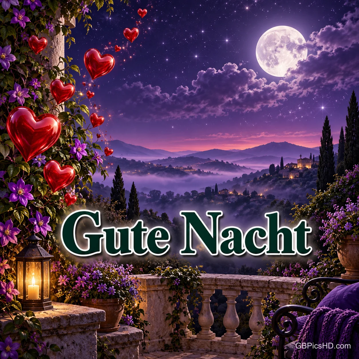 Rote Herzen und violette Blumen schmücken eine Terrasse mit Blick auf mondhelle Hügel; darauf steht "Gute Nacht".