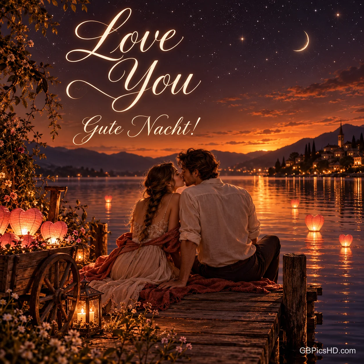 Ein Paar küsst sich auf einem Steg am See zwischen leuchtenden Laternen; darüber stehen "Love You" und "Gute Nacht!".