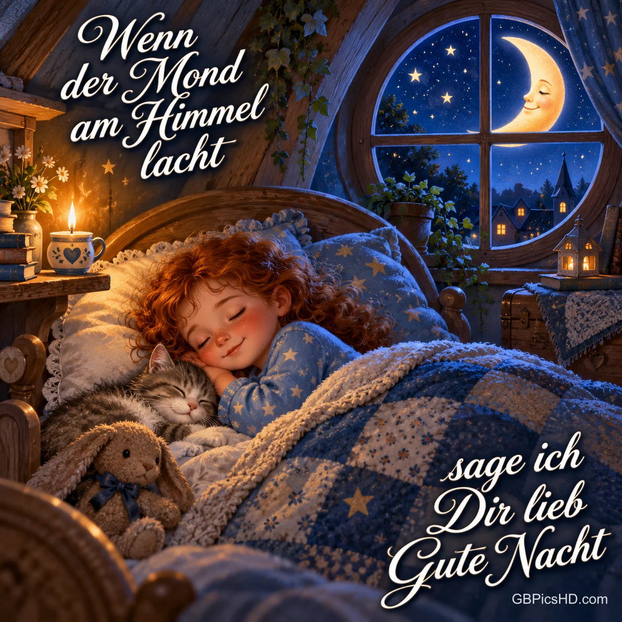 Ein Kind schläft mit einer Katze unter einer blauen Decke, am Fenster lächelt der Mond; dazu "Gute Nacht".