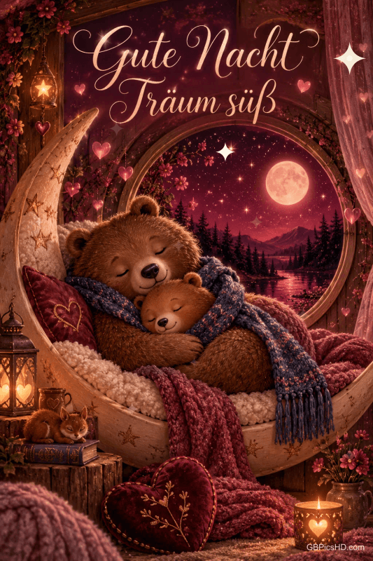 Ein großer Bär hält einen kleinen Bären in einem mondförmigen Bett vor einem runden Fenster unter "Gute Nacht Träum süß".