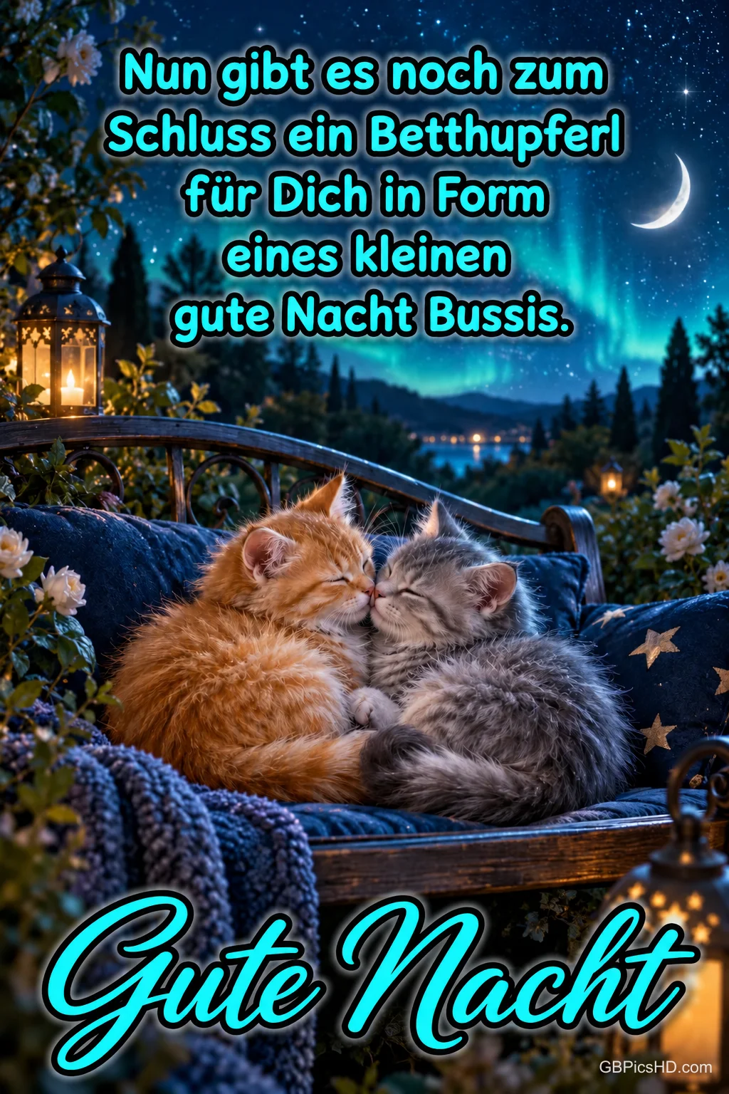 Zwei kuschelnde Kätzchen auf einer Bank unter Sternen und Polarlichtern mit dem Gruß "Gute Nacht".