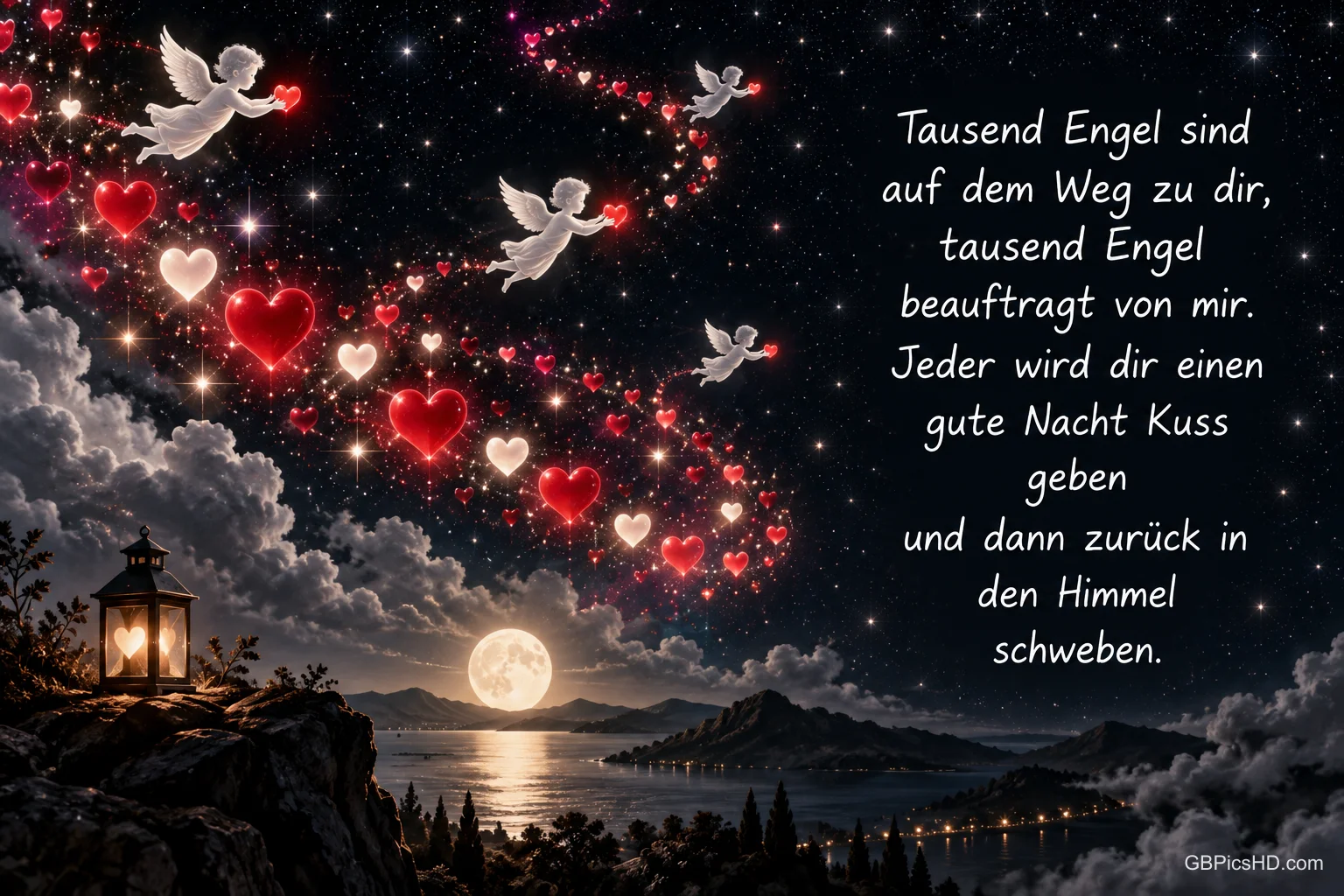 Engel fliegen mit leuchtenden Herzen über einen See im Mondlicht: "Tausend Engel sind auf dem Weg zu dir".