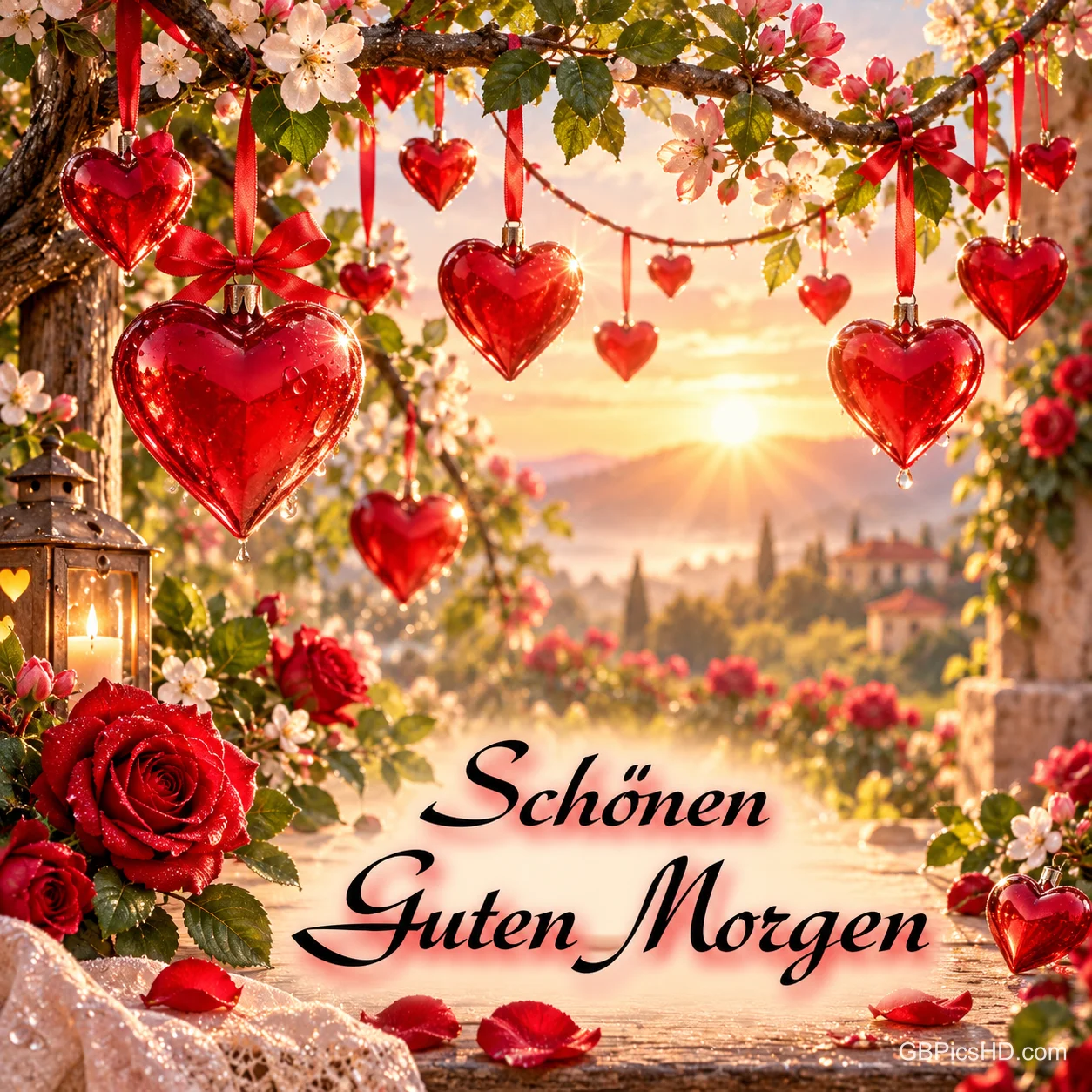 Rote Glasherzen hängen an blühenden Zweigen über Rosen und einer Laterne im Sonnenaufgang mit "Schönen guten Morgen".