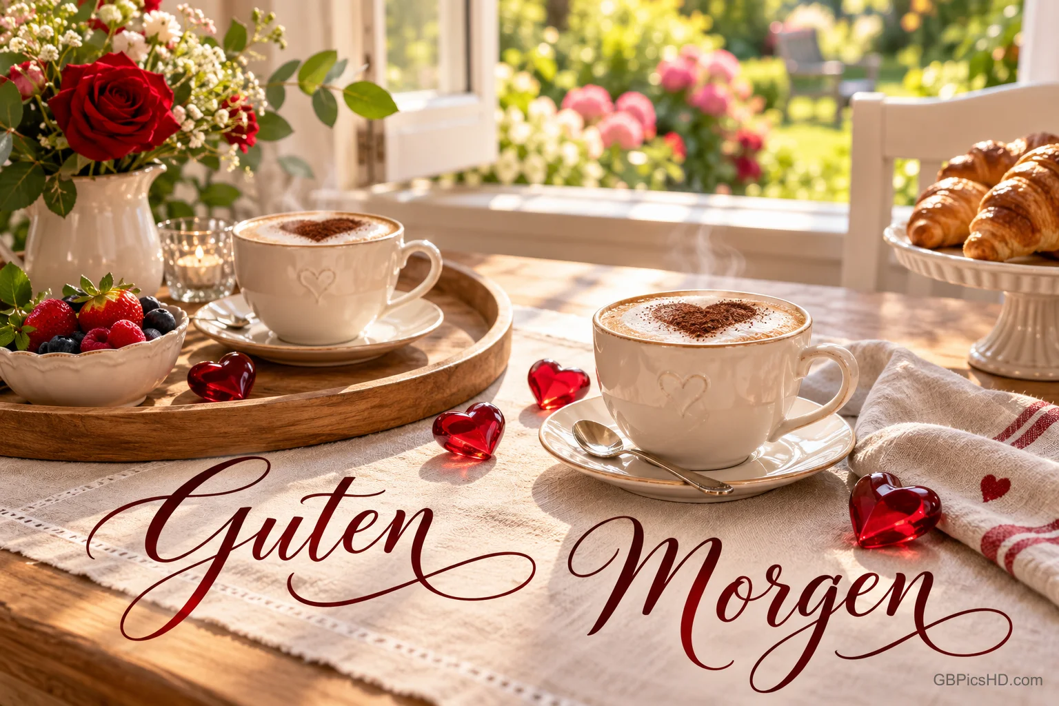 Zwei Cappuccinotassen mit Herzmotiven, Beeren, Rosen und Croissants stehen am offenen Fenster über "Guten Morgen".