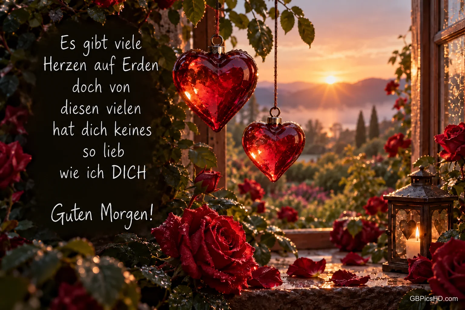 Rote Glasherzen hängen neben Rosen: "Es gibt viele Herzen auf Erden, doch von diesen vielen hat dich keine so lieb wie ich dich. Guten Morgen!".