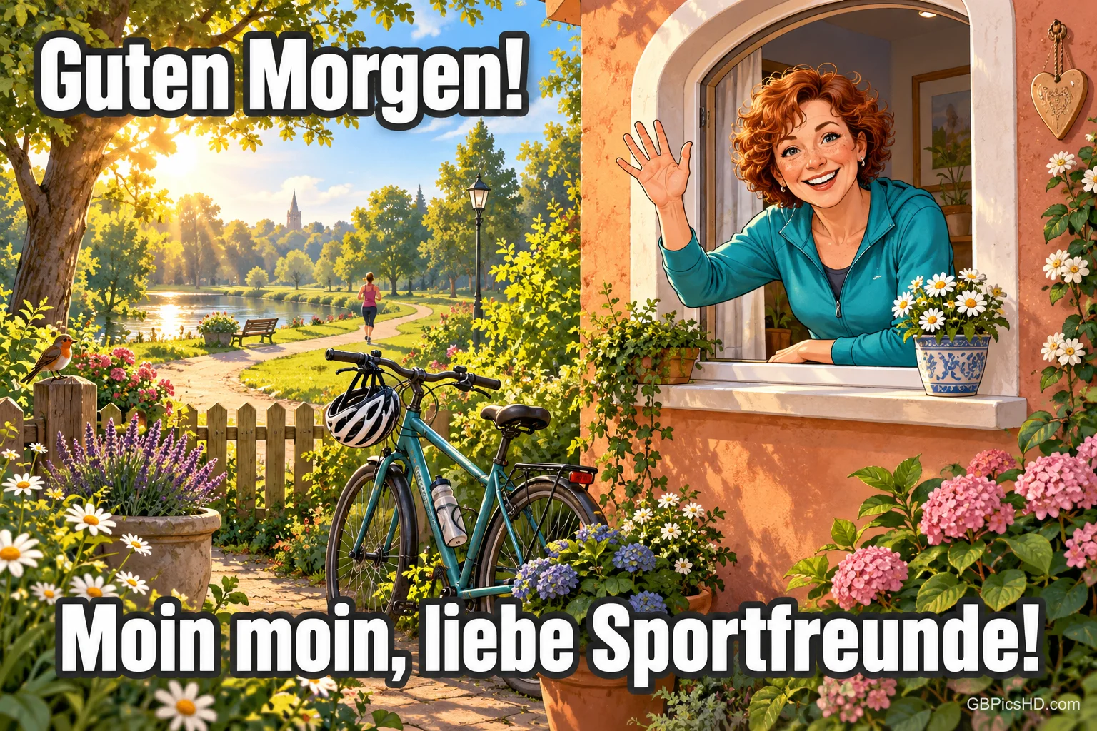Eine Frau winkt am Fenster neben einem Fahrrad im blühenden Garten zu "Guten Morgen! Moin moin, liebe Sportfreunde!".