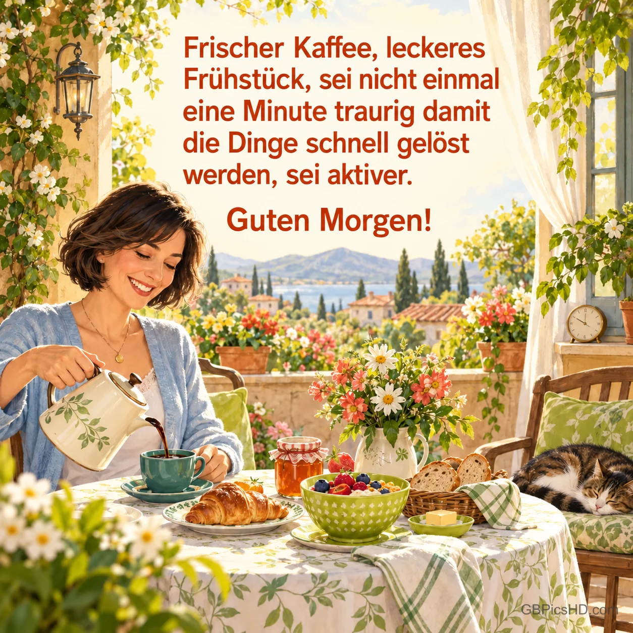 Eine Frau gießt Kaffee am gedeckten Frühstückstisch auf einer blumigen Terrasse ein; daneben schläft eine Katze, darüber "Guten Morgen!".
