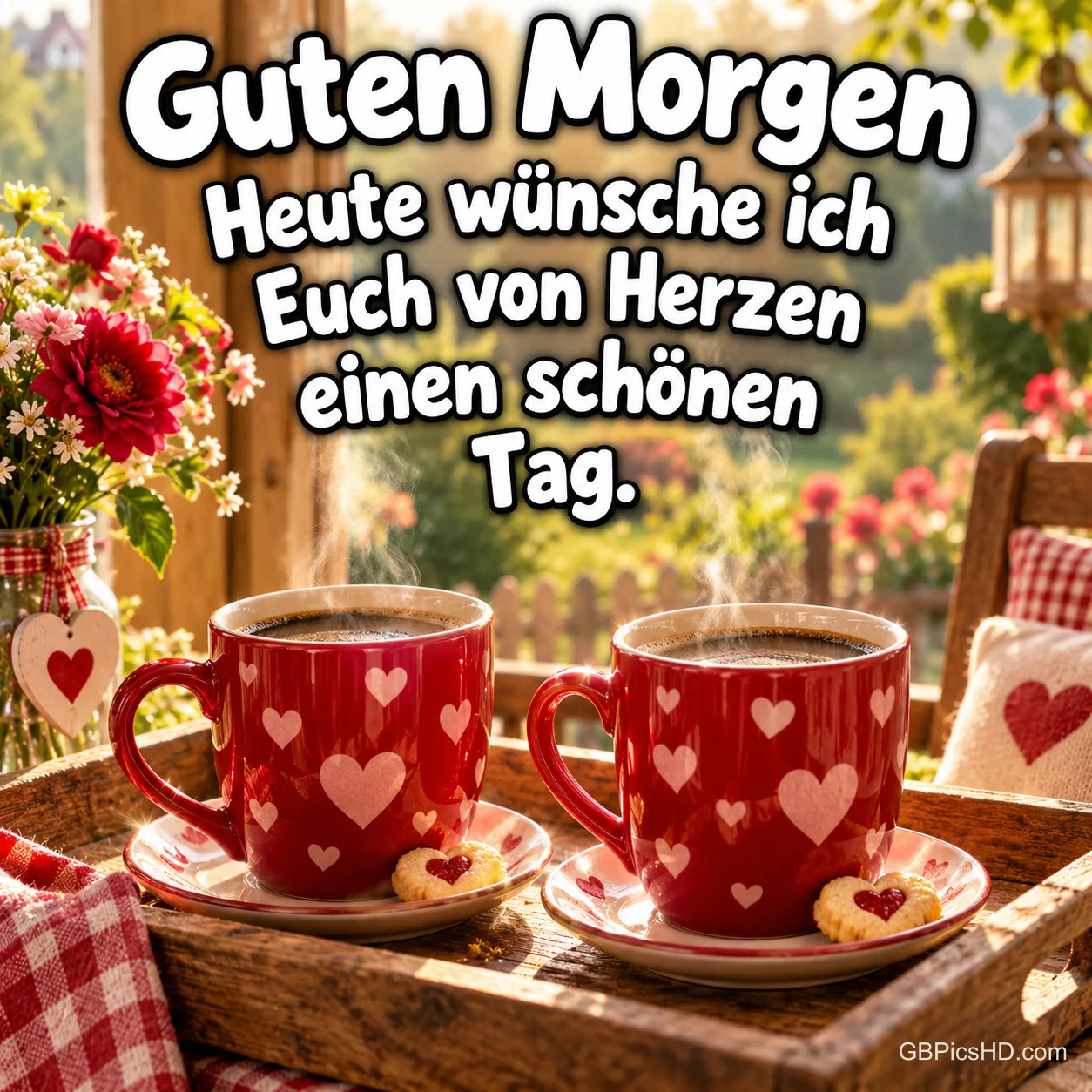 Zwei rote Kaffeetassen mit Herzen und kleine Herzkekse stehen auf einem Holztablett neben Blumen unter "Guten Morgen".