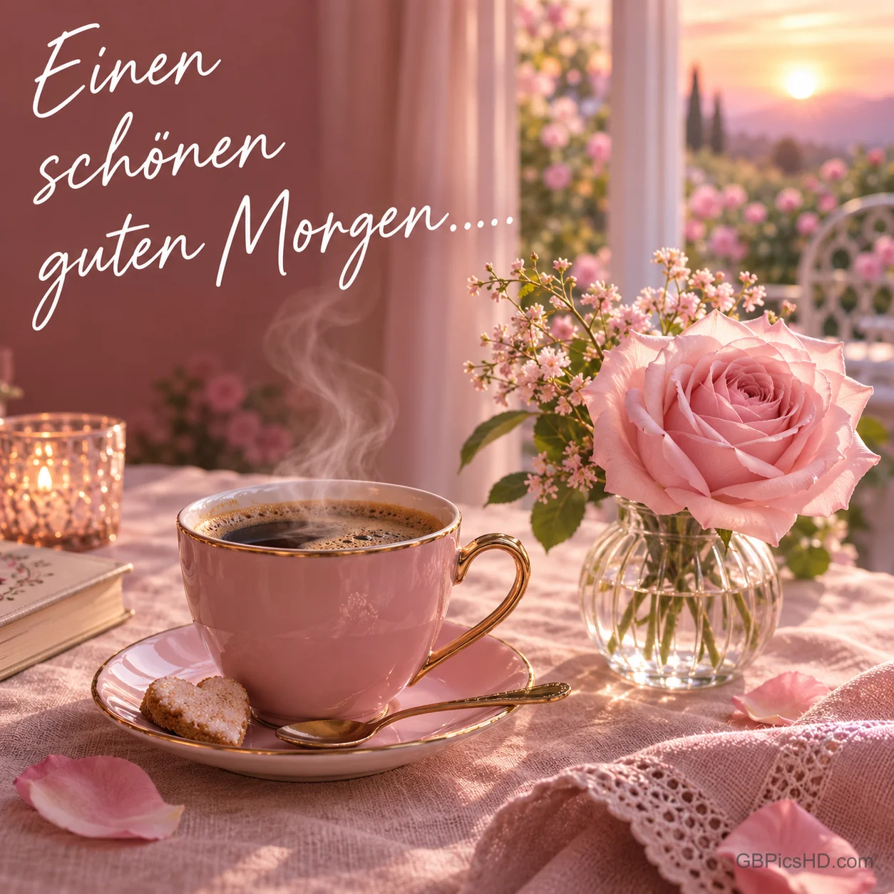 Eine dampfende rosa Kaffeetasse, eine rosa Rose und Kerzenlicht am Fenster im Sonnenaufgang mit "Einen schönen guten Morgen.....".