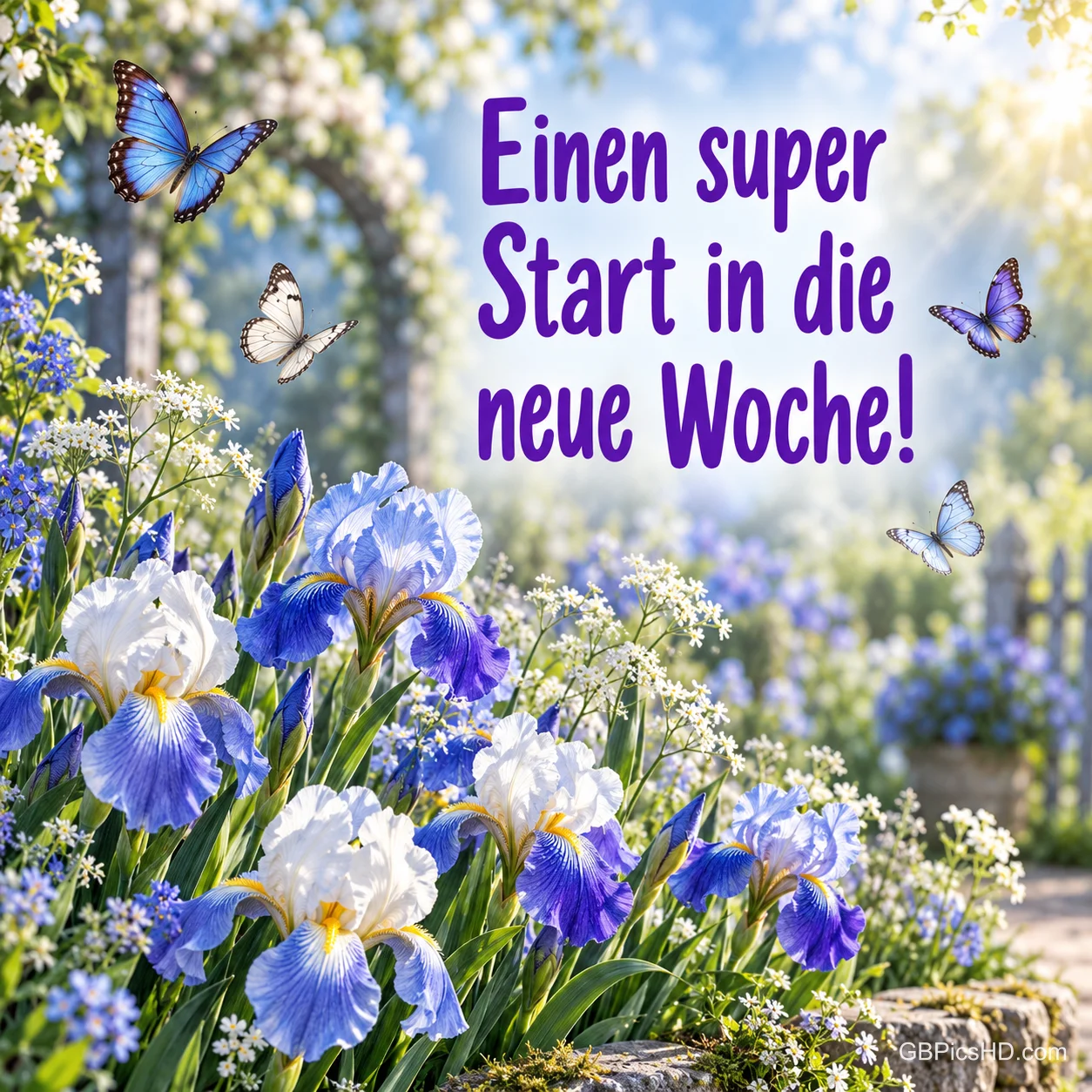 Blaue und weiße Iris mit Schmetterlingen vor einem blühenden Gartenbogen, dazu "Einen super Start in die neue Woche!"