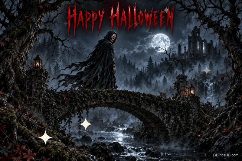 Eine dunkle Gestalt mit rotem Blick steht auf einer Steinbrücke vor Mond und Burgruine, darüber "Happy Halloween".