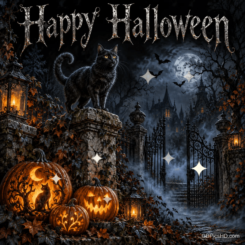 Eine schwarze Katze sitzt auf einem Steinpfeiler neben leuchtenden Kürbissen vor einem Schloss, darüber "Happy Halloween".