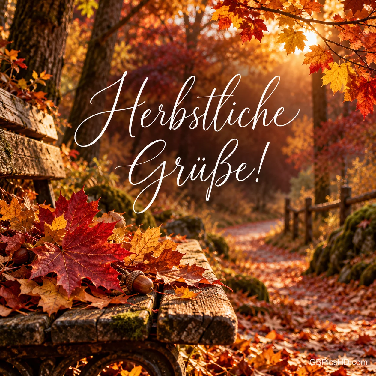 Eine alte Holzbank mit roten Ahornblättern und Eicheln steht an einem Waldweg voller Laub im warmen Gegenlicht, daneben der geschwungene Schriftzug "Herbstliche Grüße!"