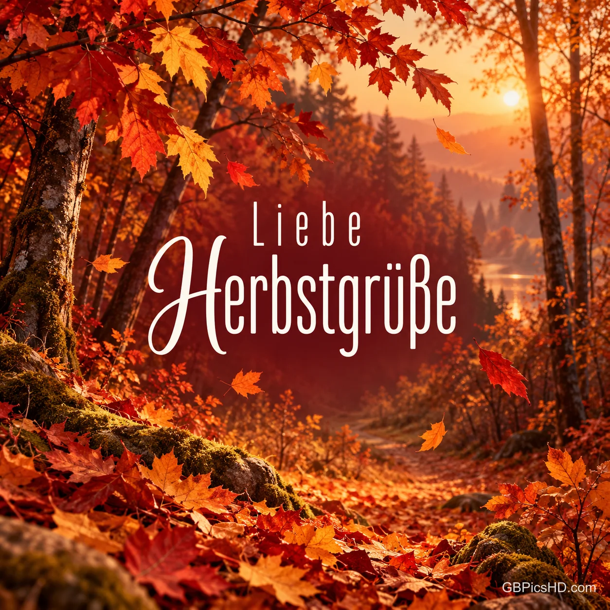 Ein Waldweg unter leuchtend roten und orangen Bäumen führt zu einem See im Abendlicht, in der Mitte der weiße Schriftzug "Liebe Herbstgrüße"