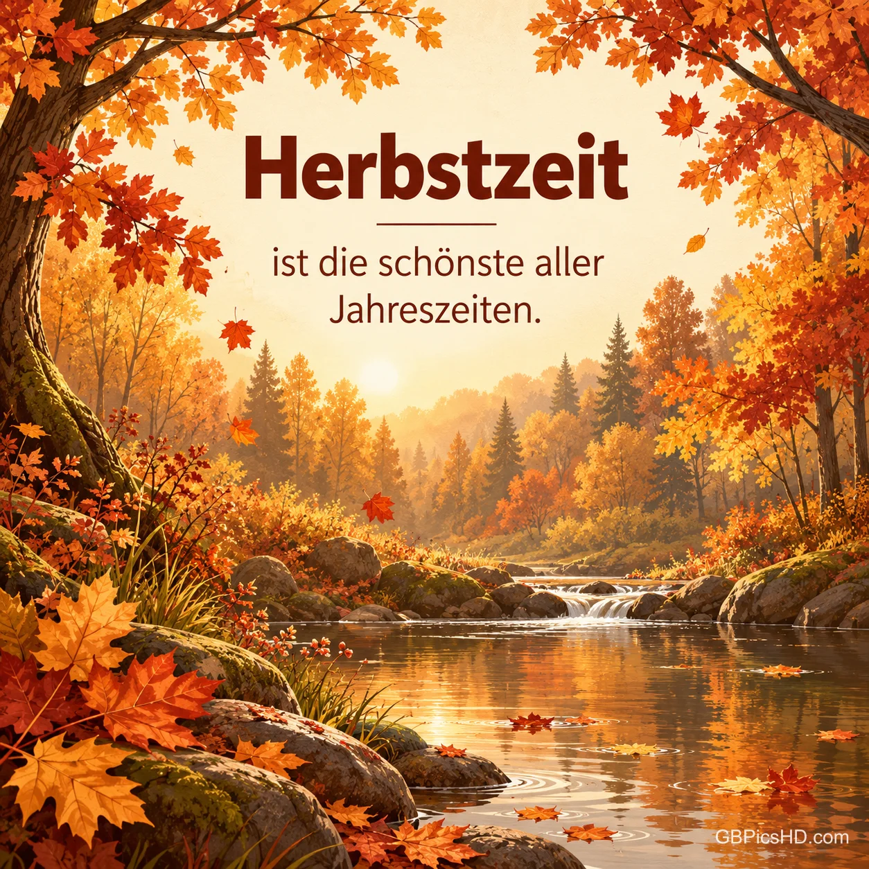 Ein Bach fließt durch einen bunten Herbstwald mit kleinem Wasserfall und sonnigem Dunst, oben der Spruch "Herbstzeit ist die schönste aller Jahreszeiten."