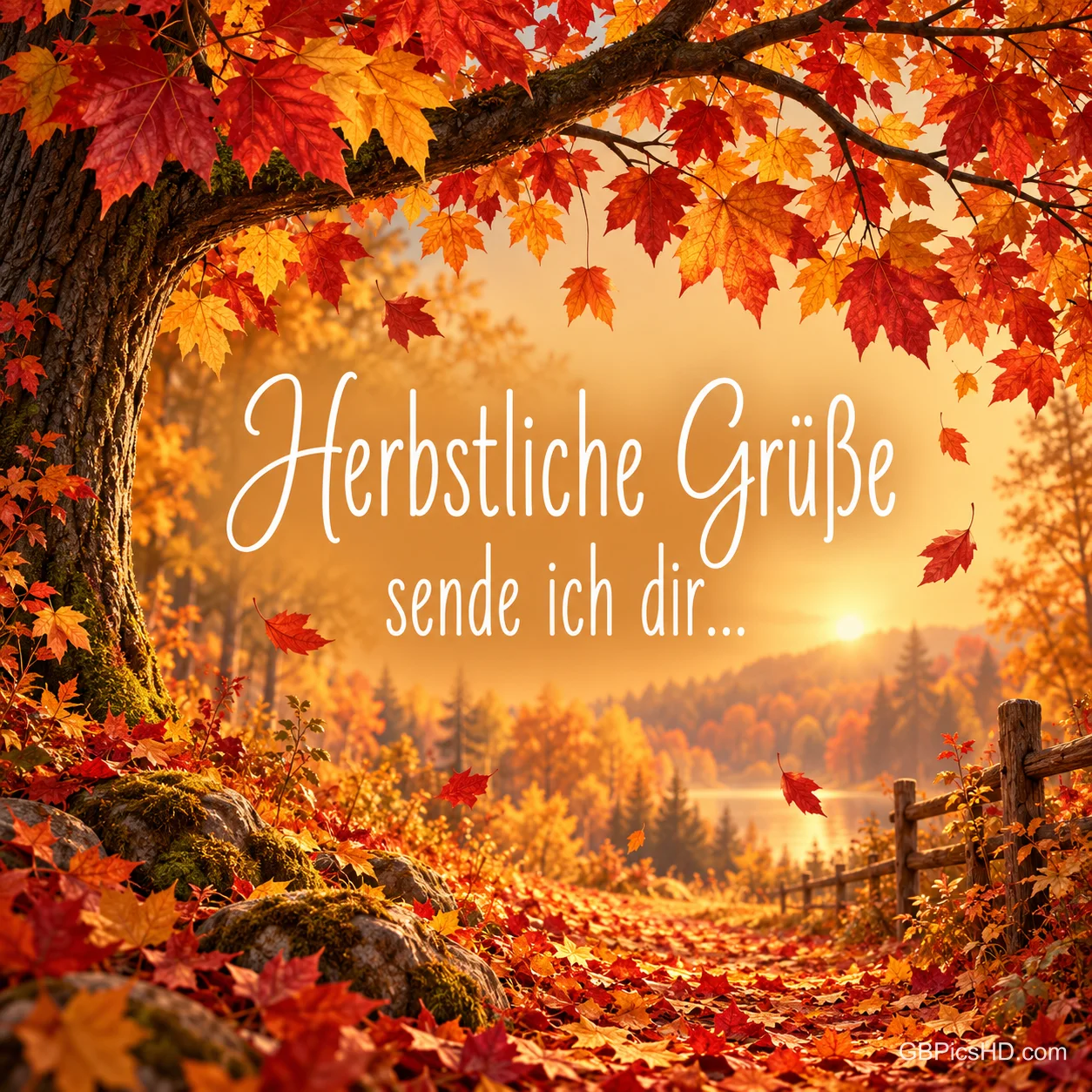 Ein großer Baum mit rotem Laub rahmt einen Waldweg mit Holzzaun und einen See im Gegenlicht, in der Mitte "Herbstliche Grüße sende ich dir..."