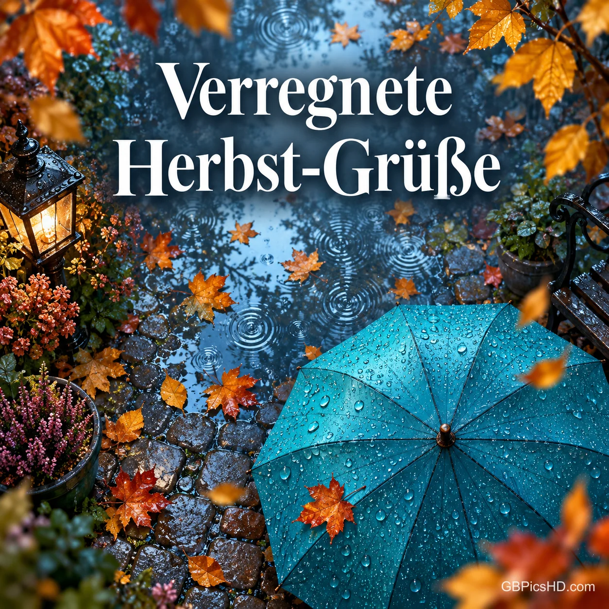 Ein türkisfarbener Regenschirm mit Regentropfen liegt auf nassem Kopfsteinpflaster zwischen bunten Blättern, Heidekraut und einer Laterne, oben "Verregnete Herbst-Grüße"