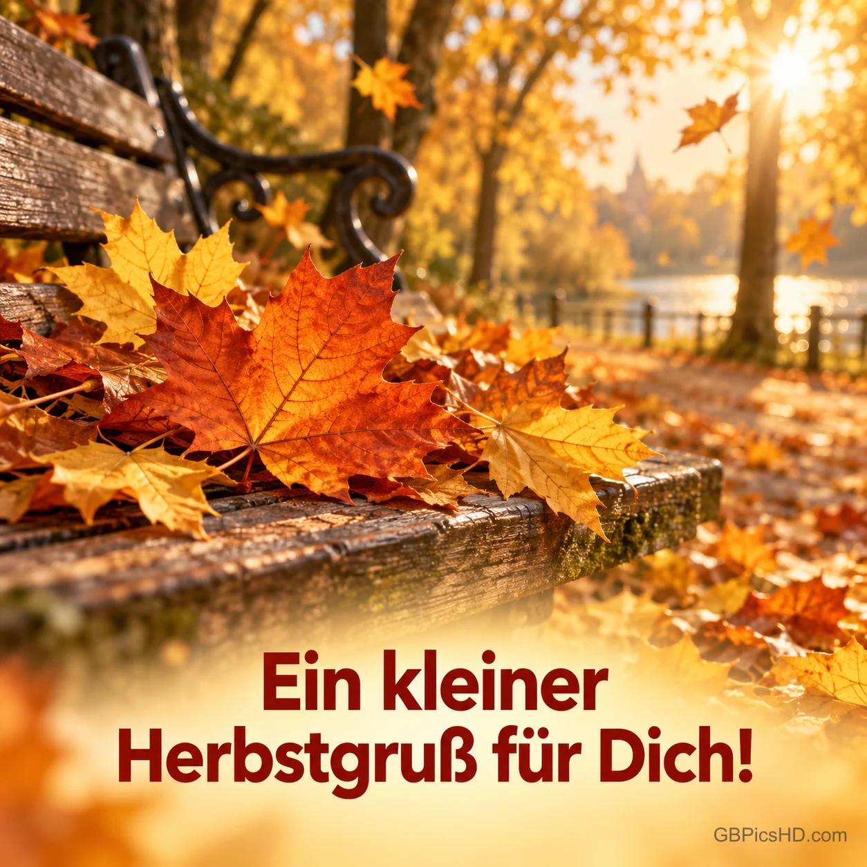 Ahornblätter in Rot und Orange liegen auf einer Parkbank vor einem sonnigen See mit Bäumen, unten der Spruch "Ein kleiner Herbstgruß für Dich!"