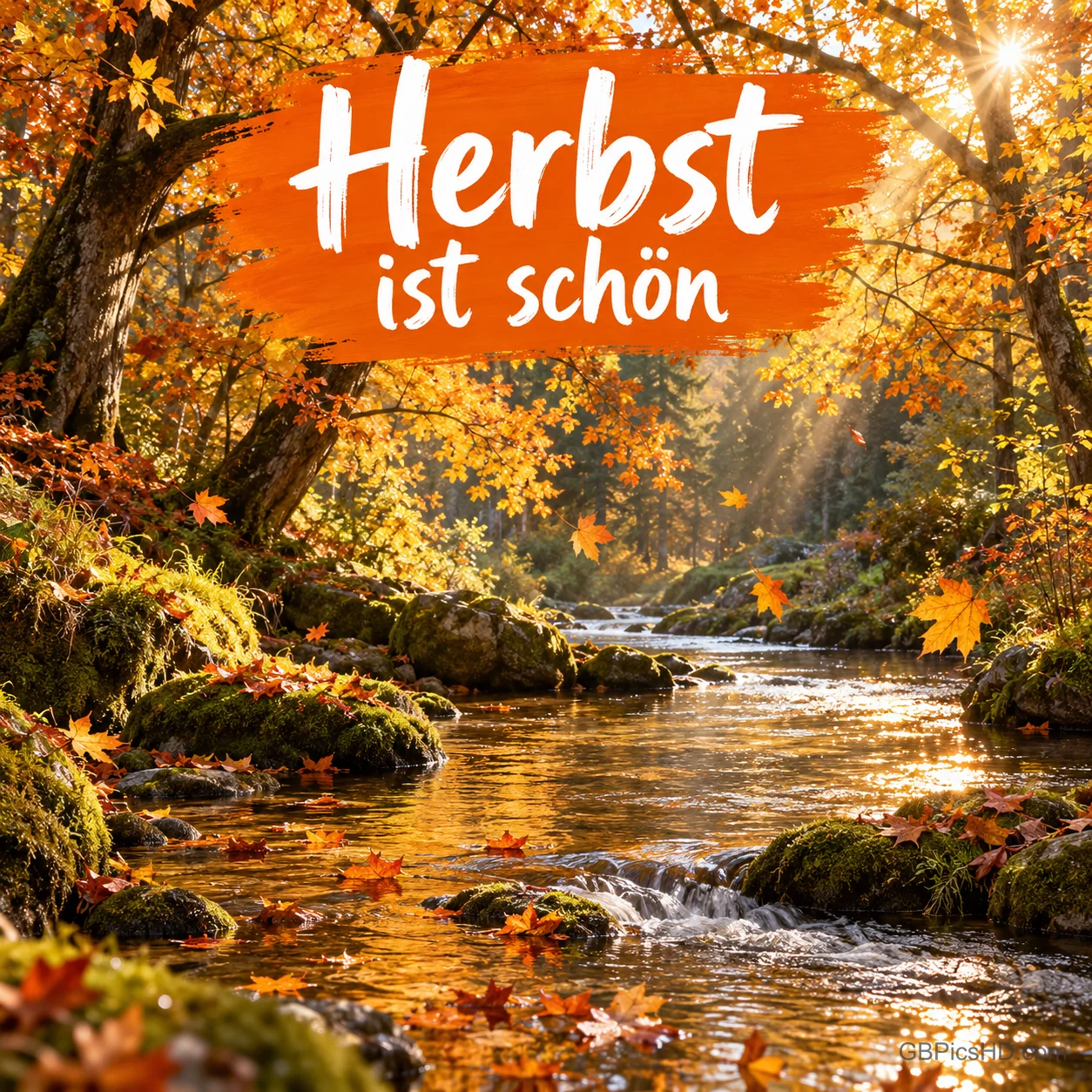 Ein klarer Bach fließt zwischen moosigen Steinen durch einen goldenen Herbstwald mit Sonnenstrahlen, oben auf orangem Pinselstrich "Herbst ist schön"