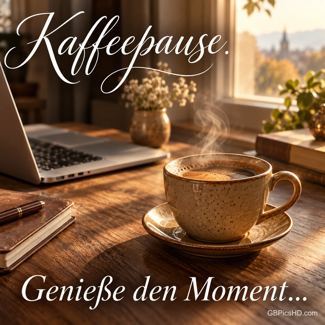 Dampfende Tasse Kaffee auf einem Holztisch am sonnigen Fenster, daneben ein Laptop, Notizbuch, Bücher und eine Vase mit kleinen Blumen