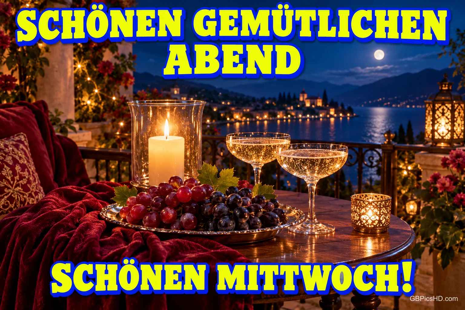 Kerzen, Trauben und zwei gefüllte Gläser stehen auf einer Terrasse am See: "SCHÖNEN GEMÜTLICHEN ABEND SCHÖNEN MITTWOCH!".