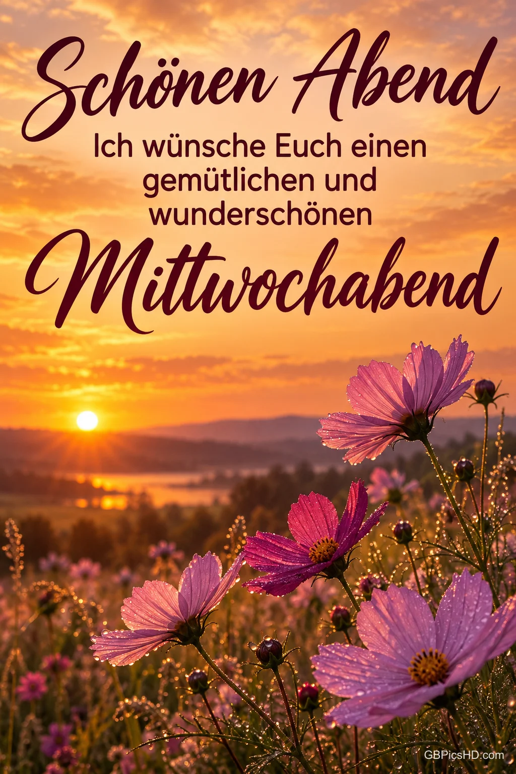 Rosa Schmuckkörbchen auf einer Blumenwiese vor tief stehender Abendsonne über Hügeln, dazu ein Gruß für einen gemütlichen Mittwochabend