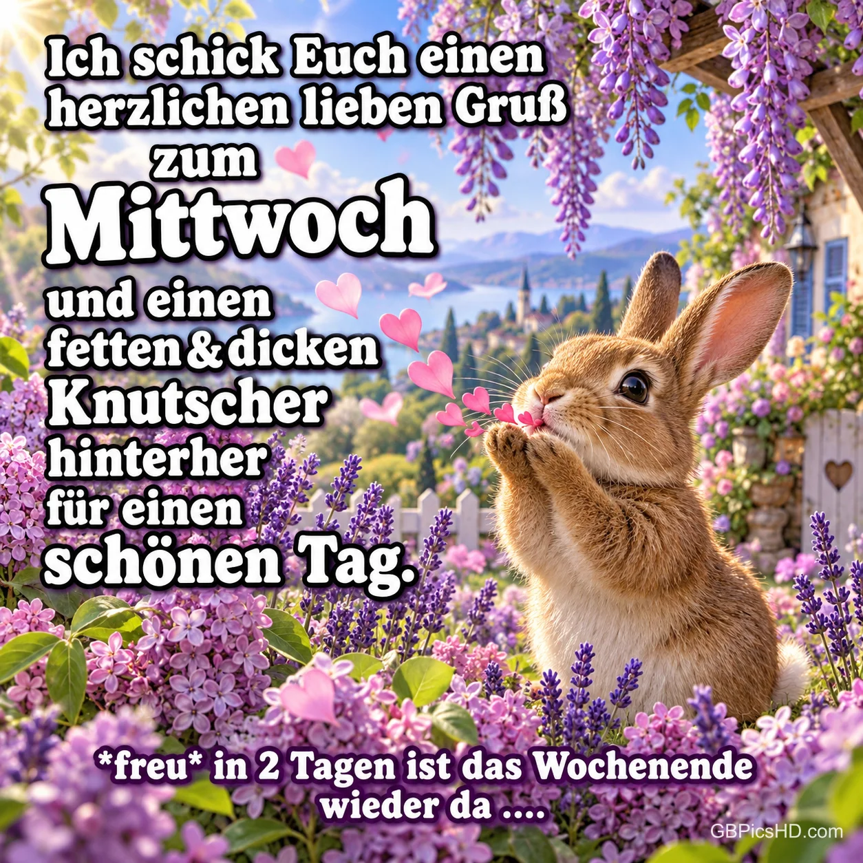 Ein Hase pustet rosa Herzen zwischen blühendem Flieder und Lavendel vor einem Seeufer, dazu ein herzlicher Gruß zum Mittwoch mit Vorfreude aufs Wochenende