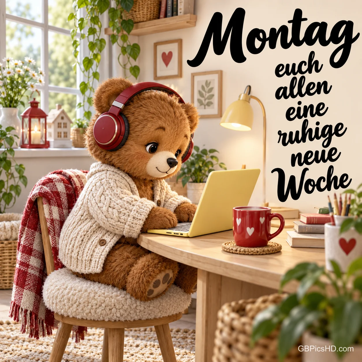 Ein Teddybär mit Kopfhörern sitzt am Laptop: "Montag euch allen eine ruhige neue Woche".