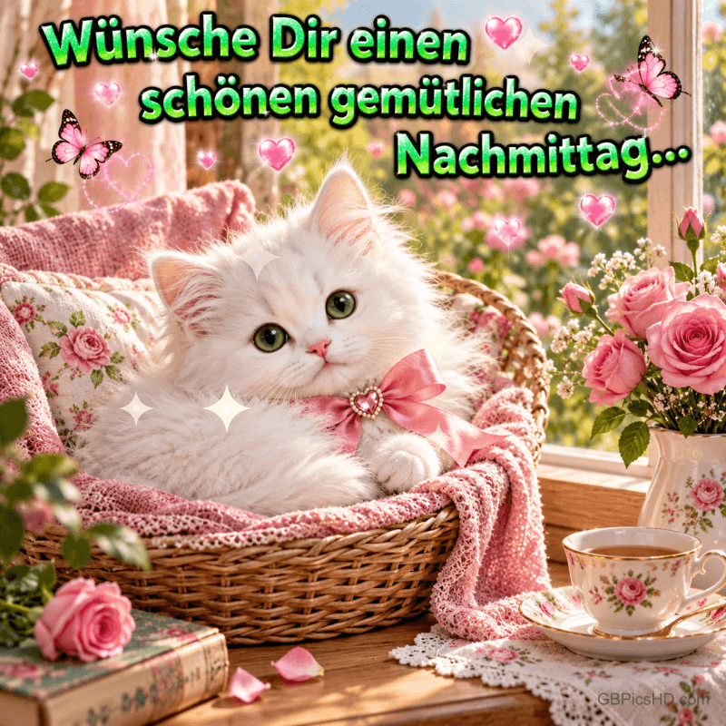 Weiße Katze mit rosa Schleife im Korb, Rosen und Teetasse mit "Wünsche Dir einen schönen gemütlichen Nachmittag...".