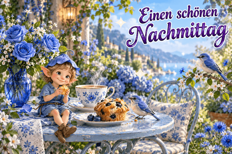 Ein kleiner Elf sitzt mit Gebäck bei blauen Rosen, einer Tasse und zwei Vögeln: "Einen schönen Nachmittag".