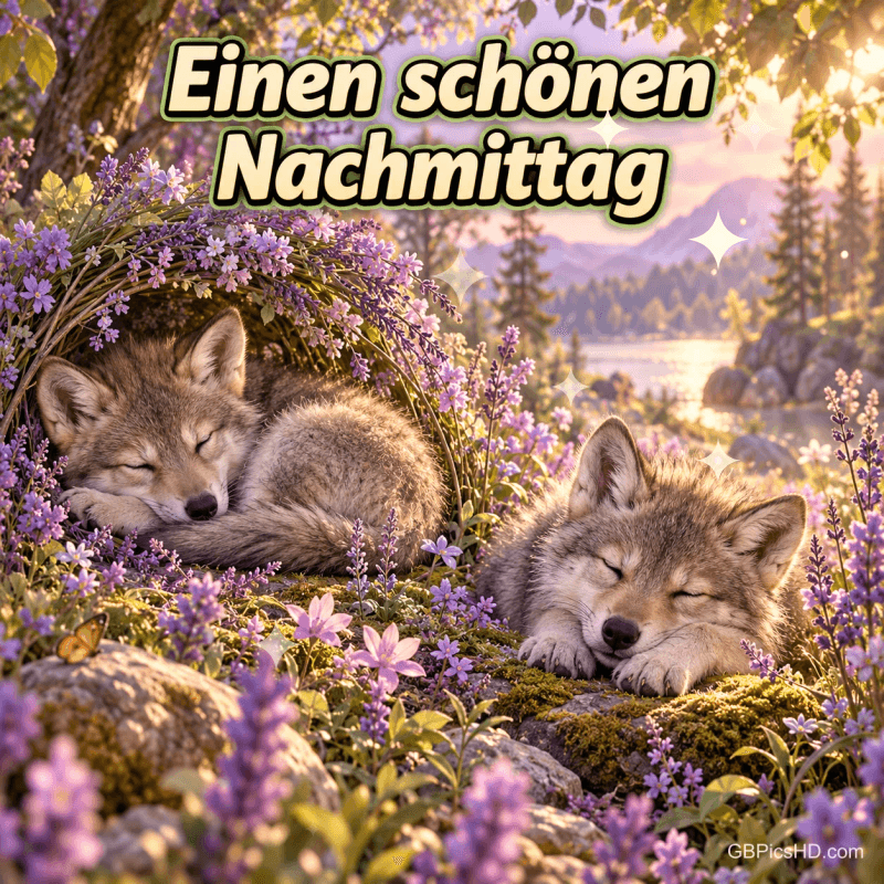 Zwei schlafende Wolfswelpen zwischen violetten Blumen vor einem Bergsee mit "Einen schönen Nachmittag".