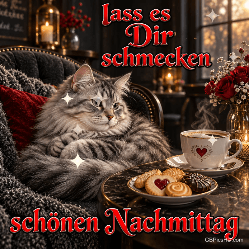 Graue Katze im Sessel neben Kaffee, Keksen und roten Rosen mit "Lass es Dir schmecken Schönen Nachmittag".